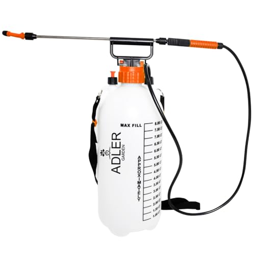 ADLER EUROPE Hand Drucksprüher 8 L mit 82 cm Edelstahl Lanze und 125 cm Schlauch – 2,5 bar – Pumpflasche mit Verstellbare Düse – Sicherheitsventil – Ideal für Garten und Pflanzen von ADLER EUROPE