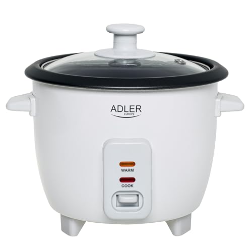 ADLER EUROPE AD 6418 kompakter Reiskocher - 0,6 Liter Fassungsvermögen, Warmhaltefunktion, Antihaftbeschichtung, Gartopf, Reislöffel & Messbecher, Glasdeckel, Weiß von ADLER EUROPE