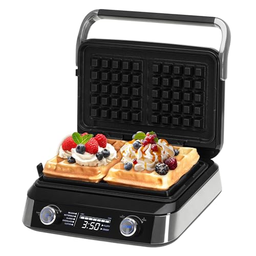 ADLER EUROPE Waffeleisen Belgische Waffel – Doppelwaffeleisen mit LCD Display – 2400W Waffelautomat für Butterwaffeln & Schokoladenwaffeln – 5 Programme, 7 Bräunungsstufen – Tief-Heizplatten 12x13x2cm von ADLER EUROPE