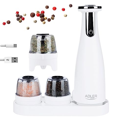 ADLER EUROPE AD 4449W Elektrische Salz- & Pfeffermühle – 3-in-1 Set, Keramikmahlwerk, USB-C, LED, einstellbare Mahlstärke, wiederaufladbar, 1500 mAh Akku, leise & leistungsstark, Weiß von ADLER EUROPE