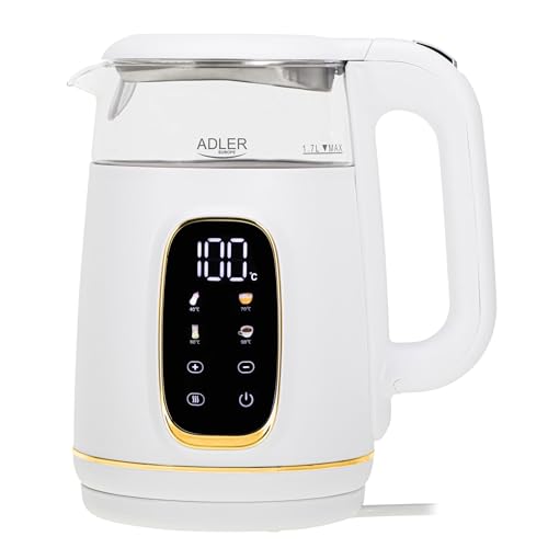 Adler Wasserkocher mit Temperatureinstellung 2200W – Wasser Kocher 1,7L mit LED-Display und Touchpanel – 5 Temperaturprogramme – mit Warmhaltefunktion - Wasserkocher mit Filter von ADLER EUROPE