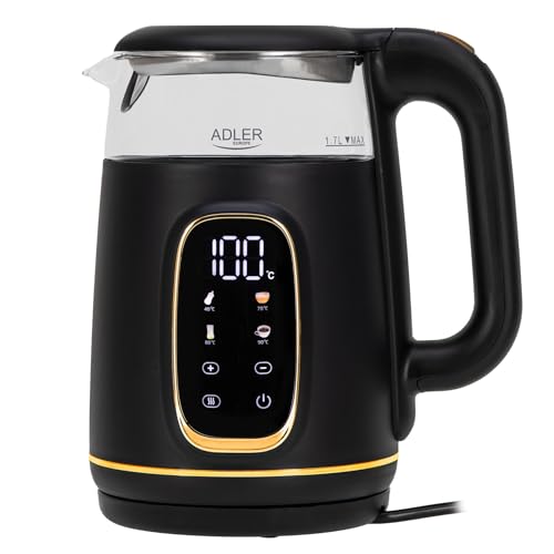 Adler Wasserkocher mit Temperatureinstellung 2200W – Wasser Kocher 1,7L mit LED-Display und Touchpanel – 5 Temperaturprogramme – mit Warmhaltefunktion - Wasserkocher mit Filter von ADLER EUROPE