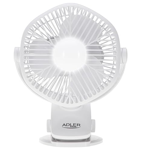 Adler tischventilator mit Akku und Clip – USB ventilator mit LED-Beleuchtung - 3 Geschwindigkeiten und 360° drehbar - Klemmventilator 15,3 x 10,5 x 19,9 cm – Weiß von ADLER EUROPE