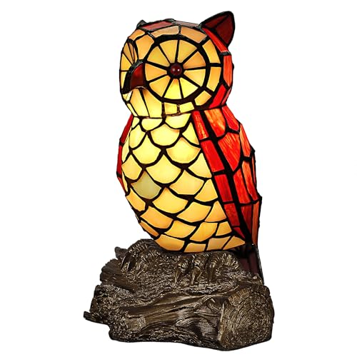 ADM - 'Eule' - Nachttischlampe mit geschweißtem Glasschirm, Tiffany-Verarbeitung und mit bronziertem Harzfuß - Gelb - H26 cm von ADM