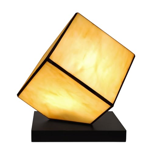 ADM - 'Nachttischlampe Kubus' - Nachttischlampe mit geschweißtem Glasschirm, Tiffany-Verarbeitung und Holzstütze - Gelb - H24 cm von ADM