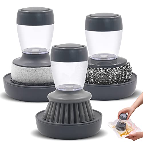 cersaty® 3 STK Druckfunktion Spülbürste, Abnehmbar Spülbürste Spülmittelspender mit 3 STK Spülbürste Base für Küchenutensilien,Schüsseln,Töpfe,Herden von cersaty