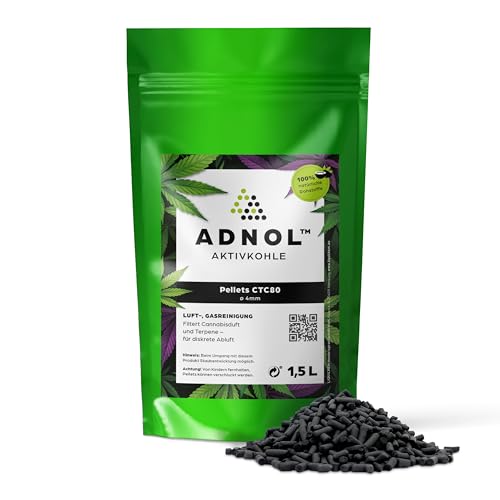 ADNOL® Aktivkohle Pellets 1,5 Liter für Luftfilter Growbox Verbesserung der Raumluft, CTC80, Durchmesser 4mm, Energieklasse A, als Carbon Filter verwendbar von ADNOL
