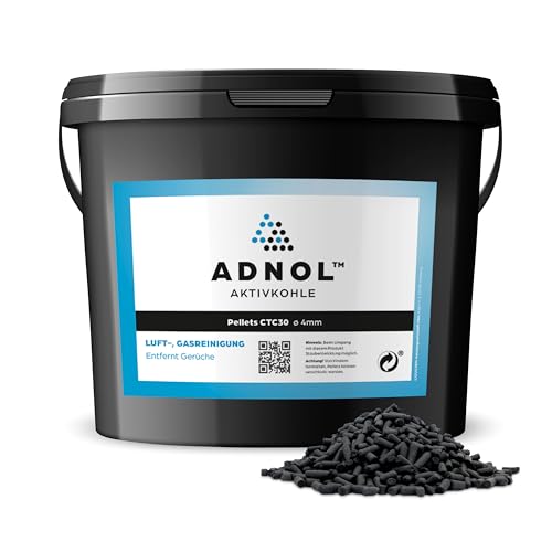 ADNOL® Aktivkohle Pellets 10 Liter aus Steinkohle für Luftreinigung sowie Gasreinigung z.B. für Dunstabzugshauben, CTC30, Durchmesser 4mm, Energieklasse A, als Carbon Filter verwendbar von ADNOL