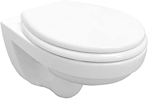 ADOB, spülrandlose wandhängende WC Keramik Toilette weiss inkl. WC Sitz mit Absenkautomatik zur Reinigung abnehmbar, inkl. Schallschutzmatte, Wand WC spülrandlos, 28013 von ADOB