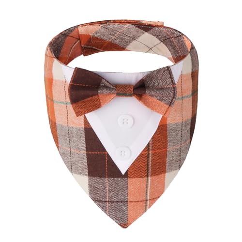 ADOGGYGO Herbst-Hunde-Smoking-Bandana, orangefarbenes kariertes Haustier-Herbsthalsband mit Fliege, verstellbares Halloween-Kostüm für große Hunde, Größe L ADOGGYGO Herbst-Hunde-Smoking-Bandana, orangefarbenes kariertes Haustier-Herbsthalsband mit Fliege, verstellbares Halloween-Kostüm für große Hunde, Größe L von ADOGGYGO