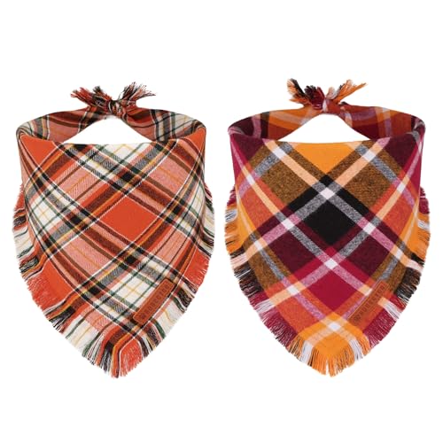ADOGGYGO Herbst-Hundehalstuch mit Quastenrändern, stilvolles orangefarbenes Karomuster, verschiedene Größen, Thanksgiving, Halloween, Herbsthalstücher für extra große Hunde (Größe XL) von ADOGGYGO