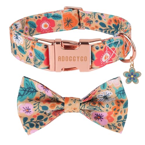 ADOGGYGO Hundehalsband mit Blumenmuster, abnehmbare süße Blumen-Fliege, Metallschnalle, verstellbare florale Halsbänder für mittelgroße Hunde, Jungen, Mädchen (Größe M) von ADOGGYGO