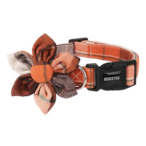 ADOGGYGO Hundehalsband mit abnehmbarem Blumenmuster, verstellbar, orangefarbenes Karomuster, Thanksgiving, Halloween, Herbsthalsbänder für große Hunde (groß) von ADOGGYGO