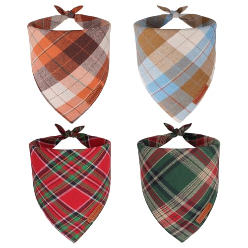 ADOGGYGO Hundehalstücher für Herbst Halloween Thanksgiving Weihnachten, Premium-Baumwollstoff, Rot, Grün, Orange, Blau, kariert, für extra große Hunde, 4 Stück (Größe XL) von ADOGGYGO