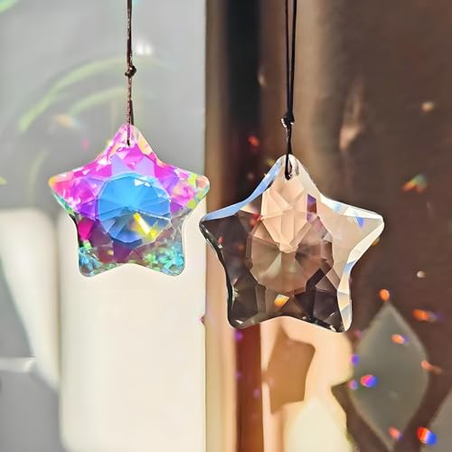 2 Stück Hängender Kristallprisma-Sonnenfänger 47mm Sternfomige Prisma Kristall Prismenkugel Hängende Kristallglas Regenbogenmacher Kristallanhänger für Fensterdeko, Haus, Garten von ADOROU