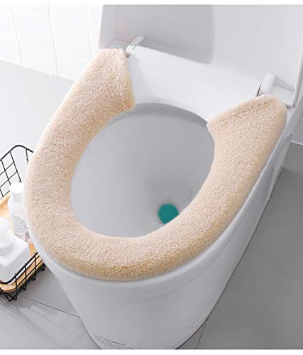 2 Stück Toilettensitzbezug Weicher Wärmer WC-Sitzbezug Verdickt Toilet Seat Cover mit Druckknöpfen Feste, Dehnbare Waschbare Toilettensitzbezüge WC-Sitz-Pad Einfache Installation & Reinigung BEIGE von ADOROU