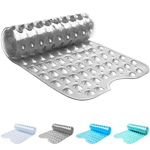 ADOV Duschmatte, 100x40cm Extra Lang rutschfest Schimmelresistent Duschmatte mit Saugnäpfen, BPA frei Hautsensitiv Maschinenwaschbar Badematte mit Ablauflöcher für Kinder Erwachsene - Grau von ADOV