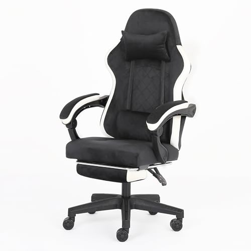 ADOV Ergonomischer Gaming Stuhl mit Fußstütze, 140° Rückenlehne Hoher PC Stuhl mit Kopfstütze und Lendenkissen, Höhenverstellbar, Drehbar, Weicher Flanell Stoff, Gamer Sessel für Büro und Zuhause von ADOV