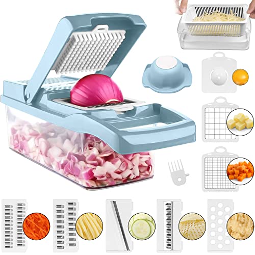 ADOV Mandoline Gemüseschneider, 12 in 1 Multifunktionaler Gemüsehobel mit Handschutz, Einstellbare Edelstahl Obstschneider Zwiebelschneider Julienne Zerkleinerer zum Kartoffel Käse Obst – Blau von ADOV