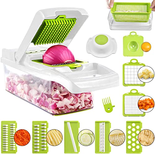 ADOV Mandoline Gemüseschneider, 12 in 1 Multifunktionaler Gemüsehobel mit Handschutz, Einstellbare Edelstahl Obstschneider Zwiebelschneider Julienne Zerkleinerer zum Kartoffel Käse Obst – Limette von ADOV