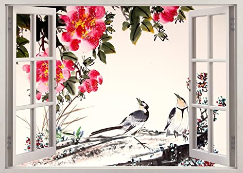 Wandtattoo Vögel Blumen Natur Druck Fenster 3D Wandansicht Aufkleber Bild Poster Art.-Nr Aufkleber Kids Room Decor 60x90CM von ADOVZ