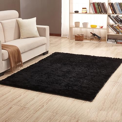 ADUODAO Zotteliger Teppich, flauschiger Teppich für Schlafzimmer, Wohnzimmer, Kinderzimmer, Schlafsaal, rechteckige Teppiche, für den Innenbereich (160 x 100 cm, Schwarz) von ADUODAO