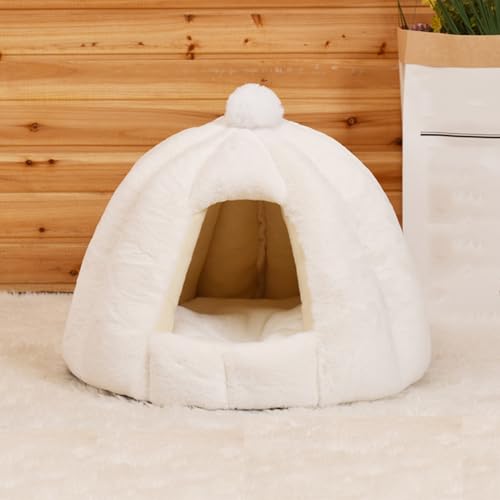 Halbgeschlossenes Katzenhöhlennest, Haustierhöhle, warmes Haustiernest mit abnehmbarem Kissen für kleine Hunde, Welpen, Kätzchen, weiches, beruhigendes Katzenbett, Hundekorb, 48 x 48 x 40 cm, Weiß von ADUODAO