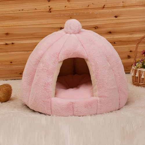 Halbgeschlossenes Katzenhöhlennest, Haustierhöhle, warmes Haustiernest mit abnehmbarem Kissen für kleine Hunde, Welpen, Kätzchen, weiches, beruhigendes Katzenbett, Hundekorb, 48 x 48 x 40 cm, Rosa von ADUODAO