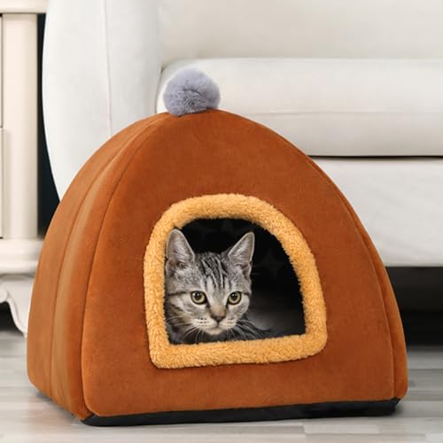 Katzen-Schlafhöhle, dreieckiges Katzenbett mit rutschfester Unterseite, Haustierzelt-Höhle, halbgeschlossene Nestmatte mit abnehmbarem Kissen für kleine Haustiere, Welpen, Kätzchen, 35 x 35 x 27 cm von ADUODAO