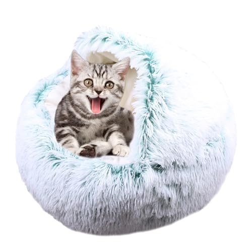 Rundes Katzenbett, rutschfestes Nistbett, weiches Plüsch-Katzenkissen, rutschfestes Haustiernest, winddicht mit Kapuze, Haustierschlafsack, kleines Hundezelthaus (Durchmesser: 65 cm, Grün) von ADUODAO