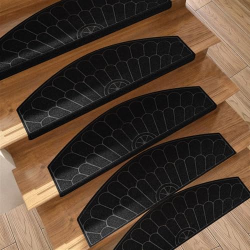 Treppenschutz für Kinder, ältere Menschen und Haustiere, halbrunder Teppich, Stufenmatten aus Holz, Innenläufer, Teppich, Abdeckmatten mit selbstklebender Unterseite (65 x 24 cm, 7 Stück, schwarz) von ADUODAO