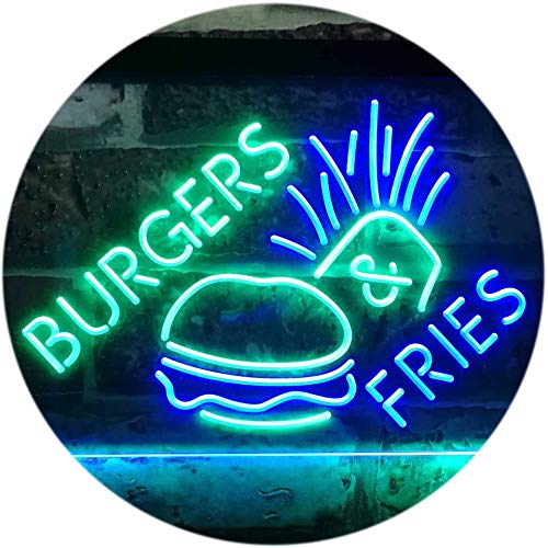 Burgers & Fries Fast Food Open Shop Dual Color LED Barlicht Neonlicht Lichtwerbung Neon Sign Grün & blau 400 x 300mm st6s43-i3192-gb von ADVPRO