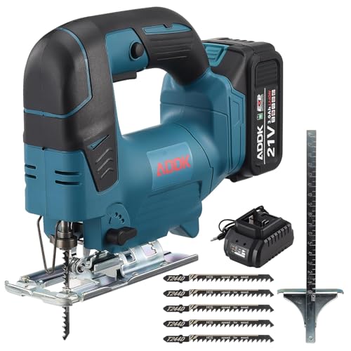 ADWOLT Akku-Stichsäge,Akku-Pendel-Stichsäge (Motor 21V bürstenlos,Winkelverstellung 45 Max. Schnitttiefe 75mm,3 Geschwindigkeiten 0-2900r/Min.,Sägeblatt*5, 1 Batterie 3.0Ah) von ADWOLT