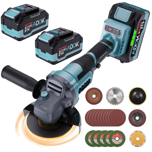 ADWOLT Akku Winkelschleifer 125 mm, 21 Winkelschleifer mit 2 x 4,0Ah Akku, 6-Stufig Regelbar, 9000 U/min Brushless Motor Metallschleifer mit 9 Sägeblätter,10 Schleifpapiere für Präzises Trennen von ADWOLT
