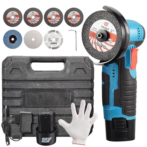 ADWOLT Mini Akku-Winkelschleifer 12V Brushless Kabelloser Winkelschleifer Scheiben-Ø: 76 mm,1 Lithium Lonen-Akku,7 Schleifscheiben von ADWOLT