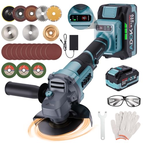 ADWOLT Akku Winkelschleifer 125mm, 21 Winkelschleifer mit 2 x 4,0Ah Akku, 6-Stufig Regelbar, 9000 U/min Brushless Motor Metallschleifer mit 10 Sägeblätter, 10 Schleifpapiere für Präzises Trennen von ADWOLT