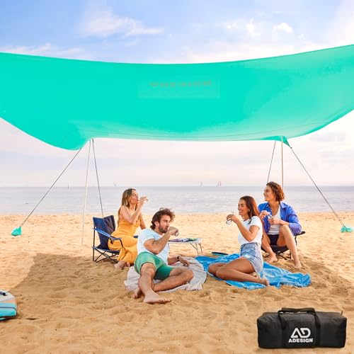 ADesign Winddichtes Strandzelt, Sonnenschutz mit 8 Sandsäcken, 3.4x3.4 m, windbeständig, großes Familien-Strandüberdachung mit Sandschaufel, LSF 50+, 2 m hoch, Sonnenschutz für Strandurlaub, Türkis von ADesign