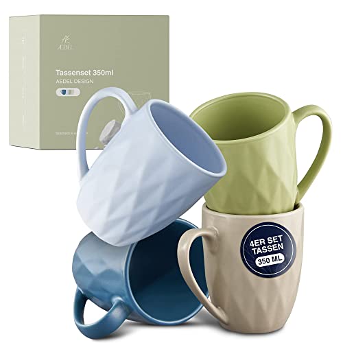 AEDEL® Design - 4 Kaffee Tassen [4x350ml] | 4 Keramik Becher in 4 Farben - ideal für die eigene Küche | Kaffeetassen Set modern & einzigartig | Handgefertigt Teetassen Set - Tasse groß von AE AEDEL