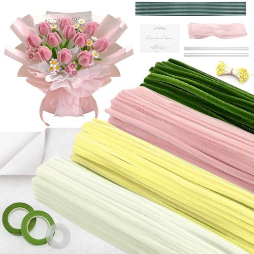 Pfeifenreiniger Blumen Set,350 Stück Pfeifenputzer zum Basteln,Pfeifenreiniger zum Basteln Mit 20 Blumenstöcke, Klebebandrollen, Klebestifte, Blumenstraußverpackungen, Bänder, Staubgefäße(Rosa) von AECHO