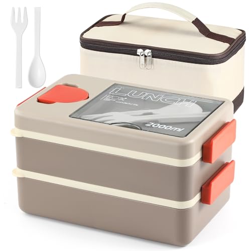 AECIASO Lunch Box, 2 Etagen Bento Box mit 4 Fächern, 2000ml Große Volumen Brotdose mit Besteck, Saucebehälter und Lunch Tasche für Erwachsene, Ideal für Arbeit Schule Picknick Reisen von AECIASO