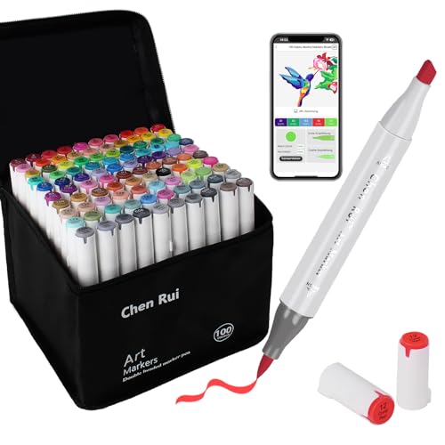 AEDAGA 100 Farben Alkohol Marker Pinselspitze mit App, Doppelspitze (Pinsel & Meißel) Alcohol Marker für Erwachsene und Kinder, Alkoholmarker für Malen, Skizzieren und Zeichnen von AEDAGA