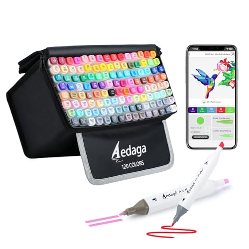 AEDAGA 120 Farben Alkohol Marker mit App, Doppelspitze Alcohol Marker mit Ständer-Etui für Erwachsene & Kinder, Alkohol Stifte für Malen, Skizzieren & Zeichnen von AEDAGA