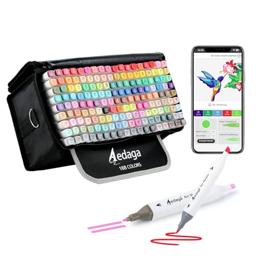 AEDAGA 168 Farben Alkohol Marker mit App, Doppelspitze Alcohol Marker mit Ständer-Etui für Erwachsene & Kinder, Alkohol Stifte für Malen, Skizzieren & Zeichnen von AEDAGA