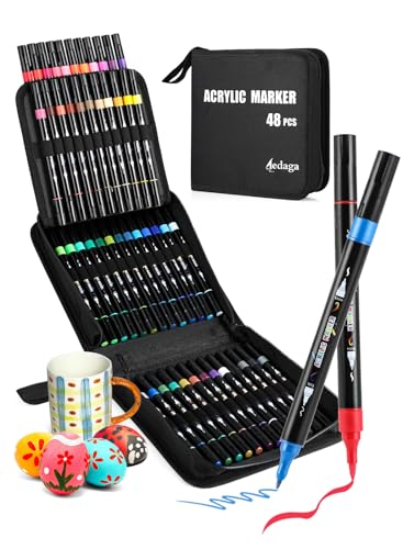 AEDAGA‌ 48 Farben Acrylstifte Set mit Doppelspitze, Acrylstifte für Steine Wasserfest (Pinsel & Feine Spitze), Acrylic Marker für Kinder & Erwachsene, Acryl Marker Für Holz, Leinwand, Stein, Glas von AEDAGA