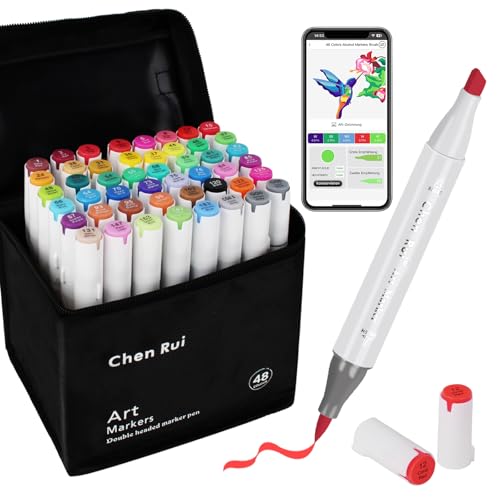 AEDAGA 48 Farben Alkohol Marker Pinselspitze mit App, Doppelspitze (Pinsel & Meißel) Alcohol Marker für Erwachsene und Kinder, Alkoholmarker für Malen, Skizzieren und Zeichnen von AEDAGA