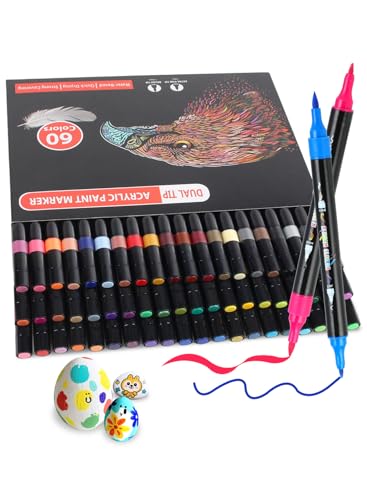 AEDAGA‌ 60 Farben Acrylstifte Set mit Doppelspitze, Acrylstifte für Steine Wasserfest (Pinsel & Feine Spitze), Acrylic Marker für Kinder & Erwachsene, Acryl Marker Für Holz, Leinwand, Stein, Glas von AEDAGA