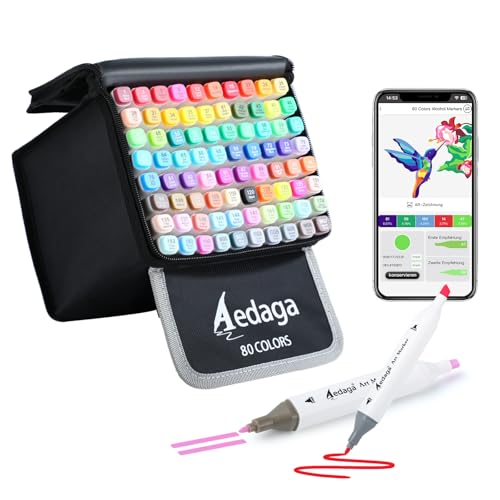 AEDAGA 80 Farben Alkohol Marker mit App, Doppelspitze Alcohol Marker mit Ständer-Etui für Erwachsene & Kinder, Alkohol Stifte für Malen, Skizzieren & Zeichnen von AEDAGA