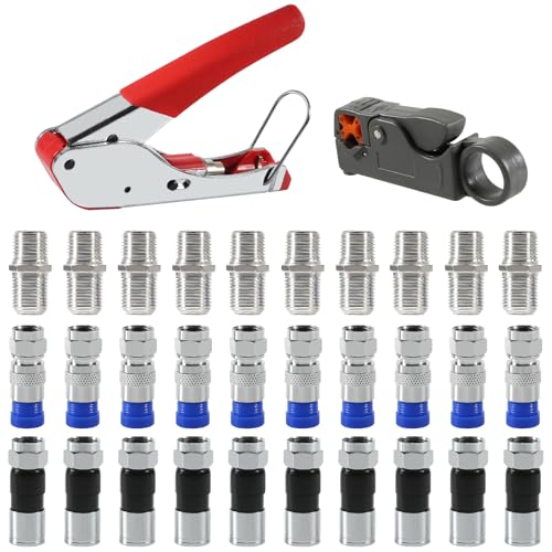 AEDIKO Coax Cable Crimper 32pcs Coaxial Compression Tool Kit Wire Stripper with F RG6 RG59 Connectors for RG6 Cable and Cable TV von AEDIKO