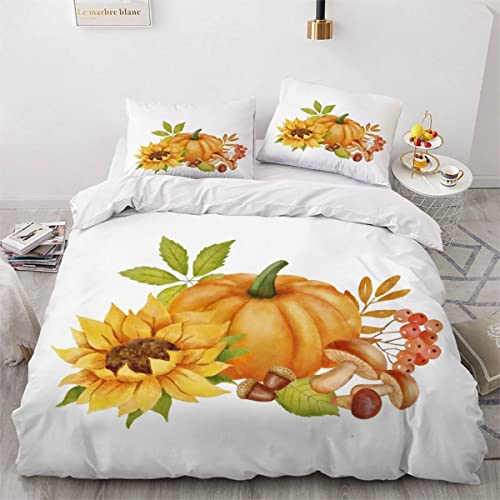 AEESS Bettbezüge 135x200 Kürbis Sonnenblume 3D Motiv Bettwäsche-Sets 3 Teilig Kuschelig Atmungsaktive Bettwaren Herbst Weiß Betten Set mit Reißverschluss und 2 Kissenbezug 80x80 Kinder Jungen Mädchen von AEESS