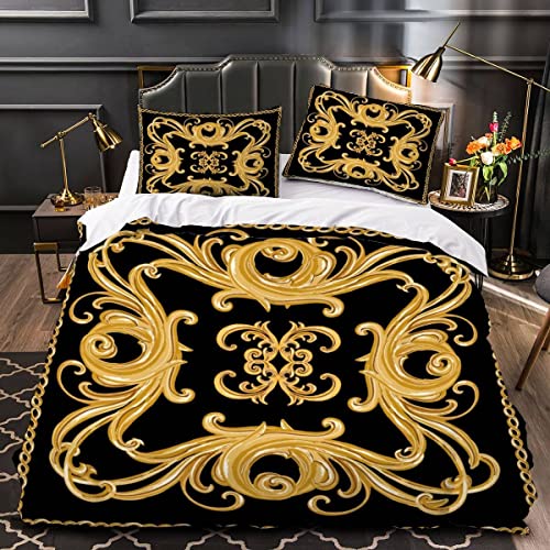 AEESS Bettwäsche 200x200 Barock 3D Motiv Bettbezüge Weich Pflegeleicht Bettwäsche-Sets Gold Schwarz Mikrofaser Bettbezug mit Reißverschluss und 2 Kissenbezug 80x80 Jugendliche Erwachsene von AEESS